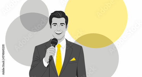 Smiling Speaker Holding Microphone With Stylish Attire Posing For Presentation or Public Speaking
