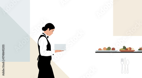 Server with plates and food in a restaurant, a restaurant worker serving clients