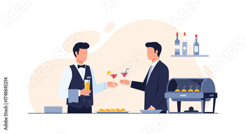 Service Professionals Offering Beverages And Food At Special Occasion Featuring Catering