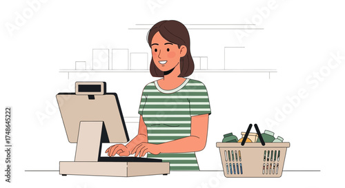 Smiling Store Cashier Using Computer While Processing Grocery Shopping Purchases