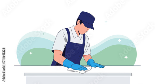 Service Worker Cleaning Surface of the Table, Showing Cleanliness and Order