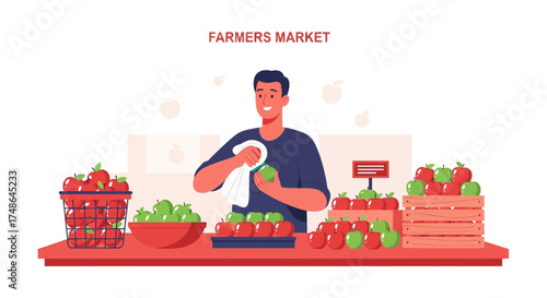 Smiling Vendor at Farmers Market Displaying Freshly Harvested Organic Apples for Sale