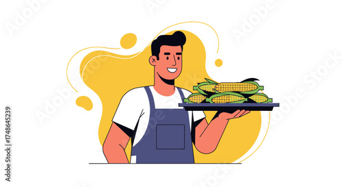 Smiling Vendor Showcases Sweet Corn on a Tray, Ready for Culinary Delight and Consumption
