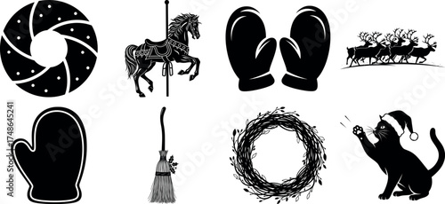 Vector art of collection of black christmas and winter holiday icons and symbols