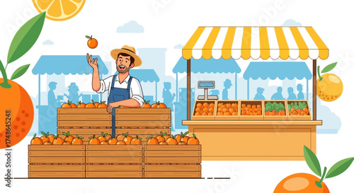Smiling Vendor Tossing Citrus: A Cheerful Scene at A Bustling Farmers Market