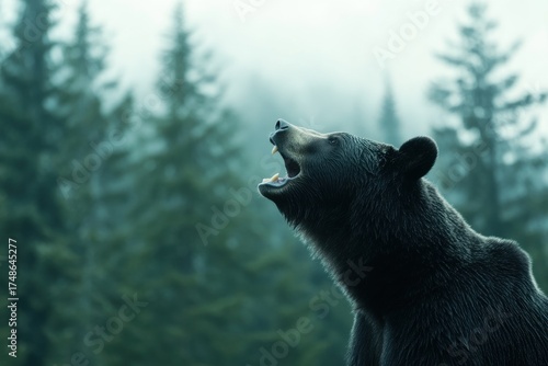 Roaring Bear Amidst Misty Forest: A formidable black bear stands with its mouth open in a powerful roar, set against a moody, misty forest backdrop. It evokes the untamed beauty of the wild.