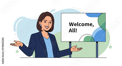 Smiling Woman Broadcasting a Welcoming Message for Community and Encouragement Visualization