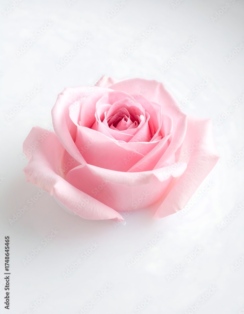 Fototapeta premium A close-up of a single, fully bloomed rose with delicate pink petals. It rests on a plain, white surface, bathed in soft, diffused light