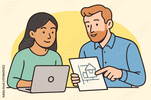 Professionals discussing blueprint on laptop, real estate, teamwork, planning, vector illustration