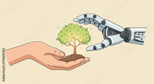 Robotic Hand Protecting a Sapling Held in a Human Hand, Symbolizing Environmental Conservation and Future Growth