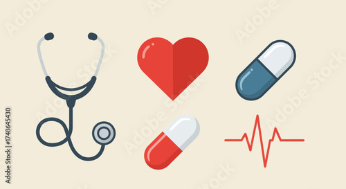 Medical Icons Representing Healthcare and Healthy Lifestyle Stethoscope, Heart, Capsules, and ECG