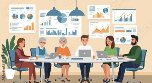 Team collaborating around a conference table with charts and graphs displayed on the wall