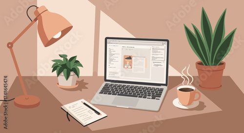 Cozy Home Office Setup with Laptop, Desk Lamp, Coffee, and Plants