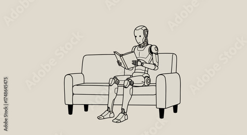 Robot sitting on a sofa and reading a book