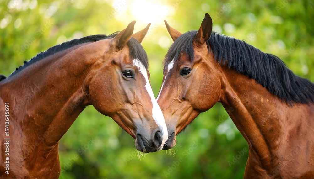 Fototapeta premium Two horses facing each other in a sunlit forest