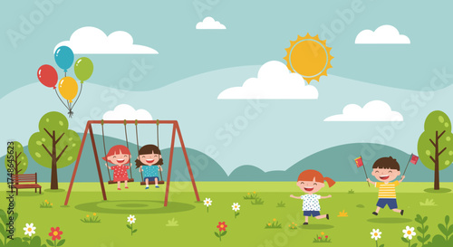 Happy Children Playing in a Sunny Park with Swings and Balloons