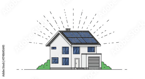 Illustration of a modern house with solar panels on the roof, symbolizing clean energy and sustainability