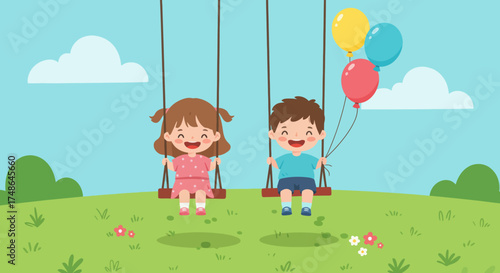 Happy young children joyfully swinging on swings with balloons in a park on a sunny day