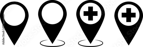 Four black location pointers with two showing a plus symbol