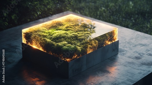 Terrarium with moss and glowing light in a concrete block