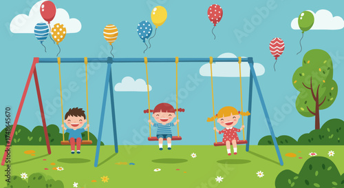 Children joyfully swinging on playground swings with colorful balloons floating above a park during daytime