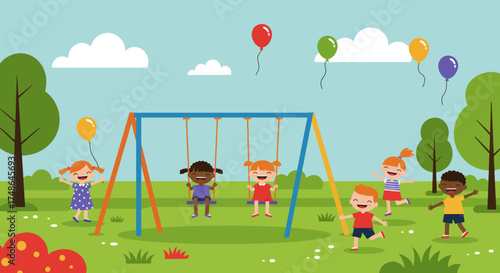 Diverse group of happy children playing on swings and balloons in a park on a sunny day