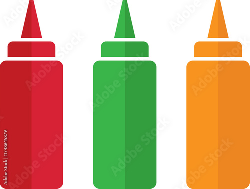 Three colorful condiment squeeze bottles of ketchup mustard and relish