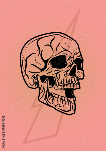 A skull with an open jaw and lightning in the background