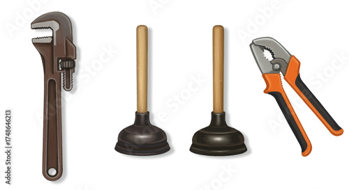 Collection of plumbing tools including an adjustable wrench and plungers on white background