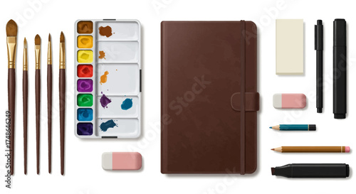 Top view of art and drawing supplies including paint brushes, watercolors, and notebook for sketching and creative work