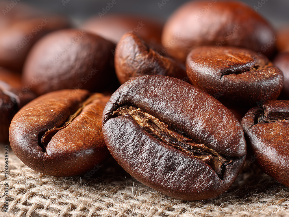 Obraz premium Makro ujęcie świeżo palonych ziaren kawy o intensywnie brązowym kolorze i widocznej bruździe, ułożonych na tle z juty. Kawa o głębokim smaku.