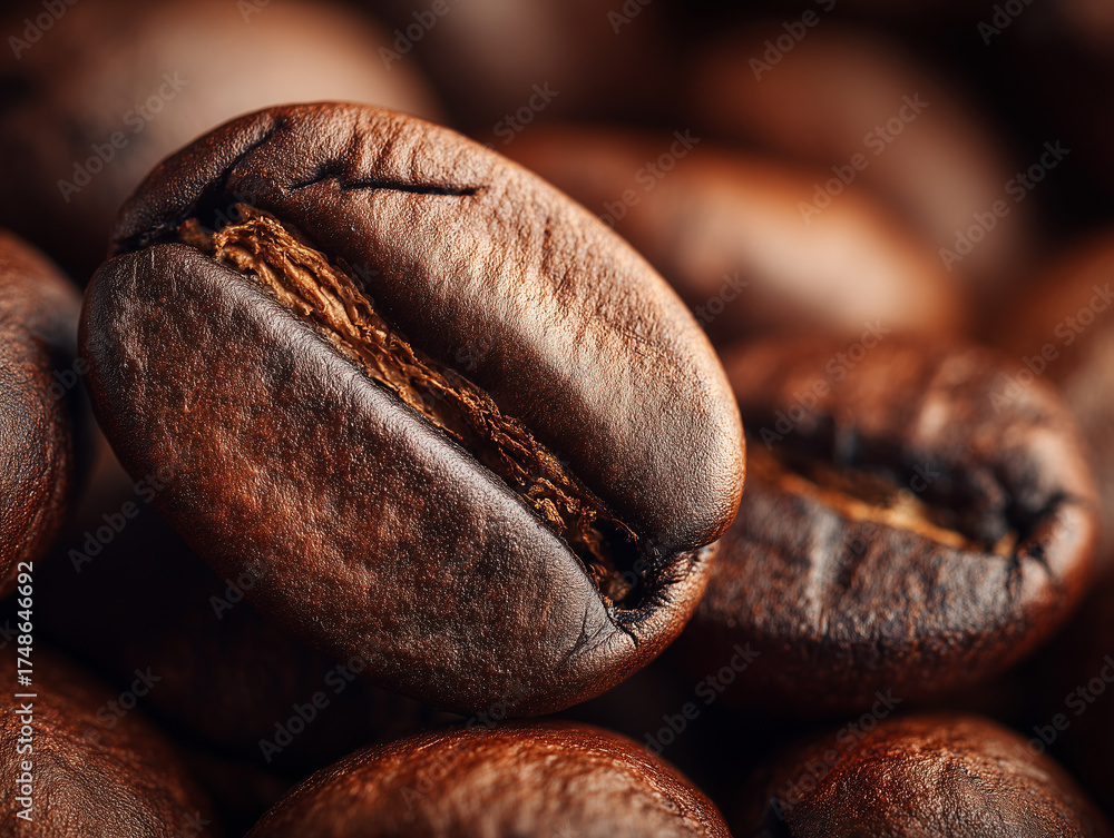 Obraz premium Ekstremalne zbliżenie na pojedyncze, świeżo palone ziarno kawy, leżące na stosie innych ziaren. Ziarno ma głęboki, ciemny kolor i widoczną bruzdę.