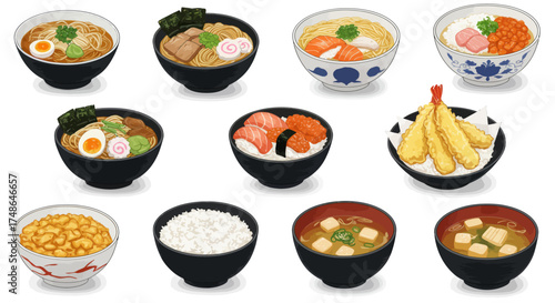 Variety of Japanese Food and Dishes Illustration