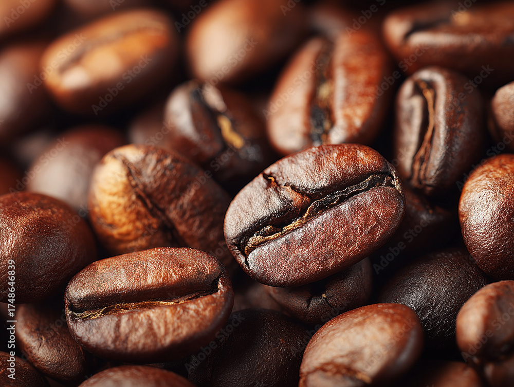 Naklejka premium Zbliżenie na stos palonych, lśniących ziaren kawy o bogatym, ciemnym, brązowym kolorze. Doskonała tekstura i szczegół dla miłośników kawy.