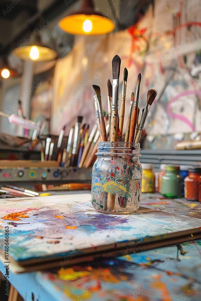 Fototapeta premium Artistic ambiance capturing brushes within a jar, reflecting a creative space