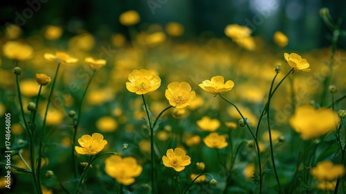 Stunning photo of closeup of a field of vibrant yellow buttercups in the springtime sun.