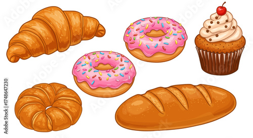 Assortment of delicious baked goods including croissants, donuts, cupcakes, and bread, perfect for any bakery or food-related concept