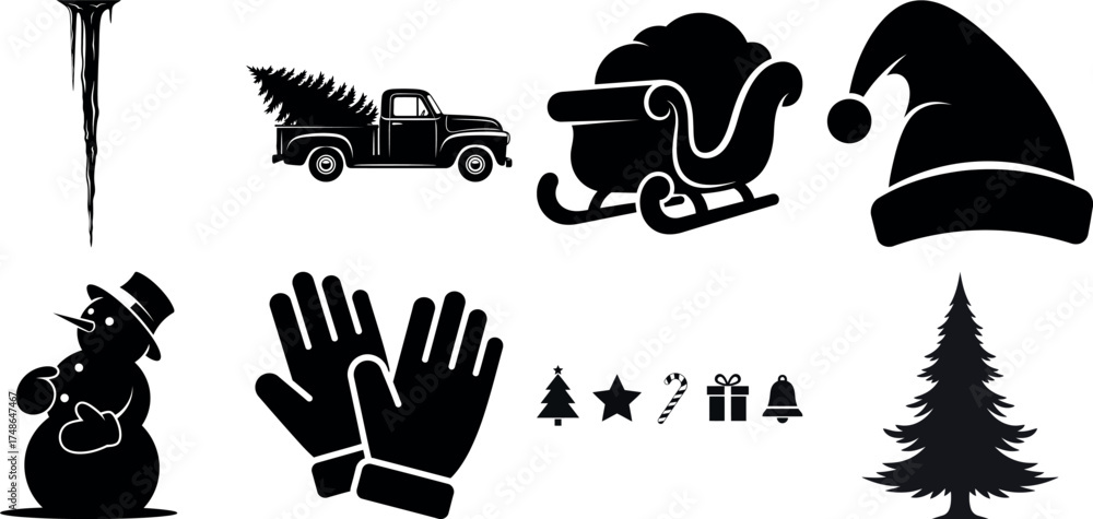 Naklejka premium Vector art of christmas and winter icons including icicle, truck with tree, sleigh, santa hat, snowman, gloves, trees, star, gift, and bell