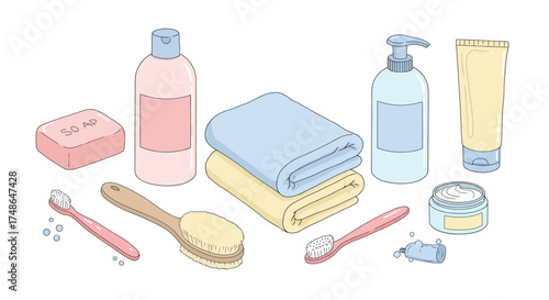 Various bathroom hygiene and personal care items, including soap, towels, toothbrushes, and lotions, arranged neatly