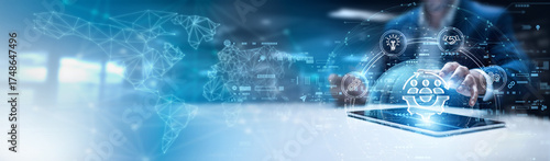 Businessman using tab and analysis business administration data. organizational management practices, corporate governance systems, operational efficiency models, decision-making frameworks