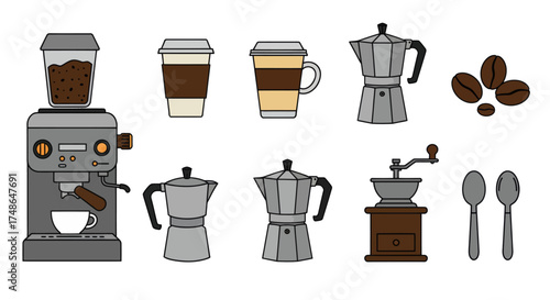 Collection of coffee making equipment and coffee beans