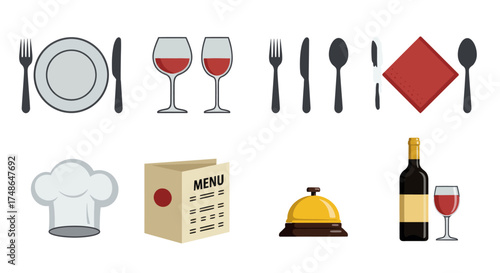 Restaurant Service Icons Plate, Cutlery, Wine Glasses, Menu, Bell, Napkin, Chef Hat, Wine Bottle