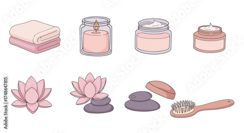 Collection of spa and wellness items including folded towels, a candle, jars of cream, lotus flowers, massage stones, and a brush