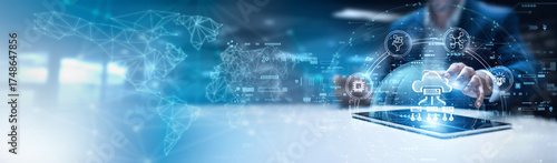Photography Businessman using tab and analysis edge computing data