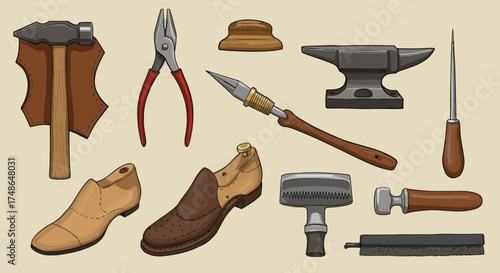 Collection of Cobbler Tools and Leather Shoe Components for Shoemaking Craft