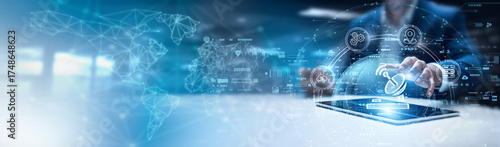 Foto Businessman using tablet and analyzing telecommunications data, network coverage, broadband performance, mobile connectivity, signal optimization, telecom infrastructure monitoring