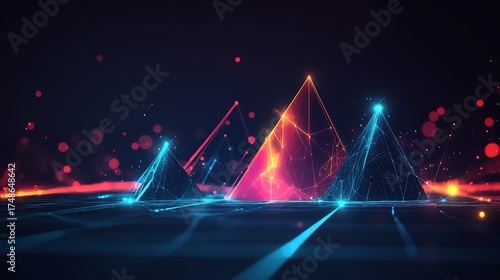 Abstract glowing pyramids in a futuristic digital landscape
