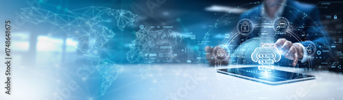 Konstfotografi Businessman using tablet and analyzing web hosting data, server uptime, cloud storage utilization, bandwidth monitoring, hosting reliability, service performance analytics
