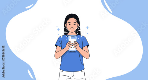 Smiling Woman Holding Glass of Drink in Vibrant Illustration on a Light Blue Background