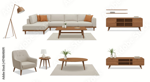 Mid-Century Modern Living Room Furniture Set including Sofa, Armchair, Coffee Table, and Media Console